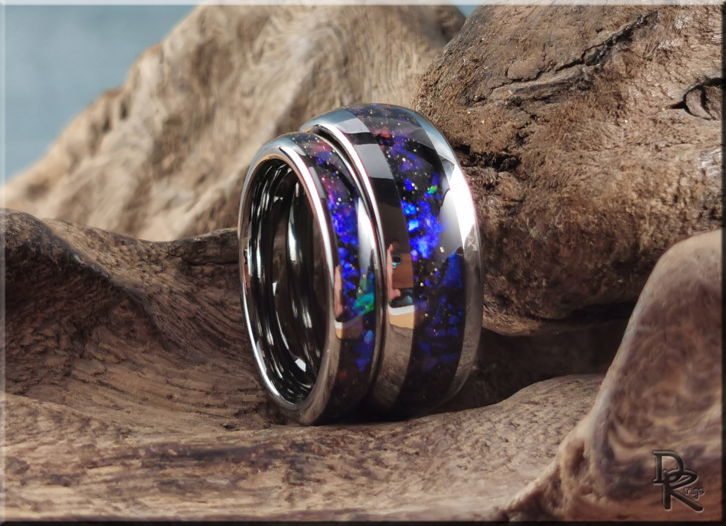 Polished Tungsten Carbide Channel Ring Set w/Celestial Sandstone inlays - tungsten ring set