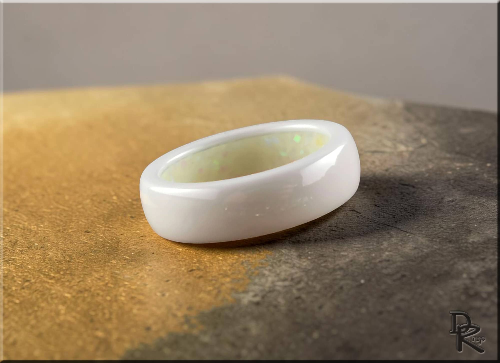 White Ceramic Ring with Inner Opal and Glow Inlay