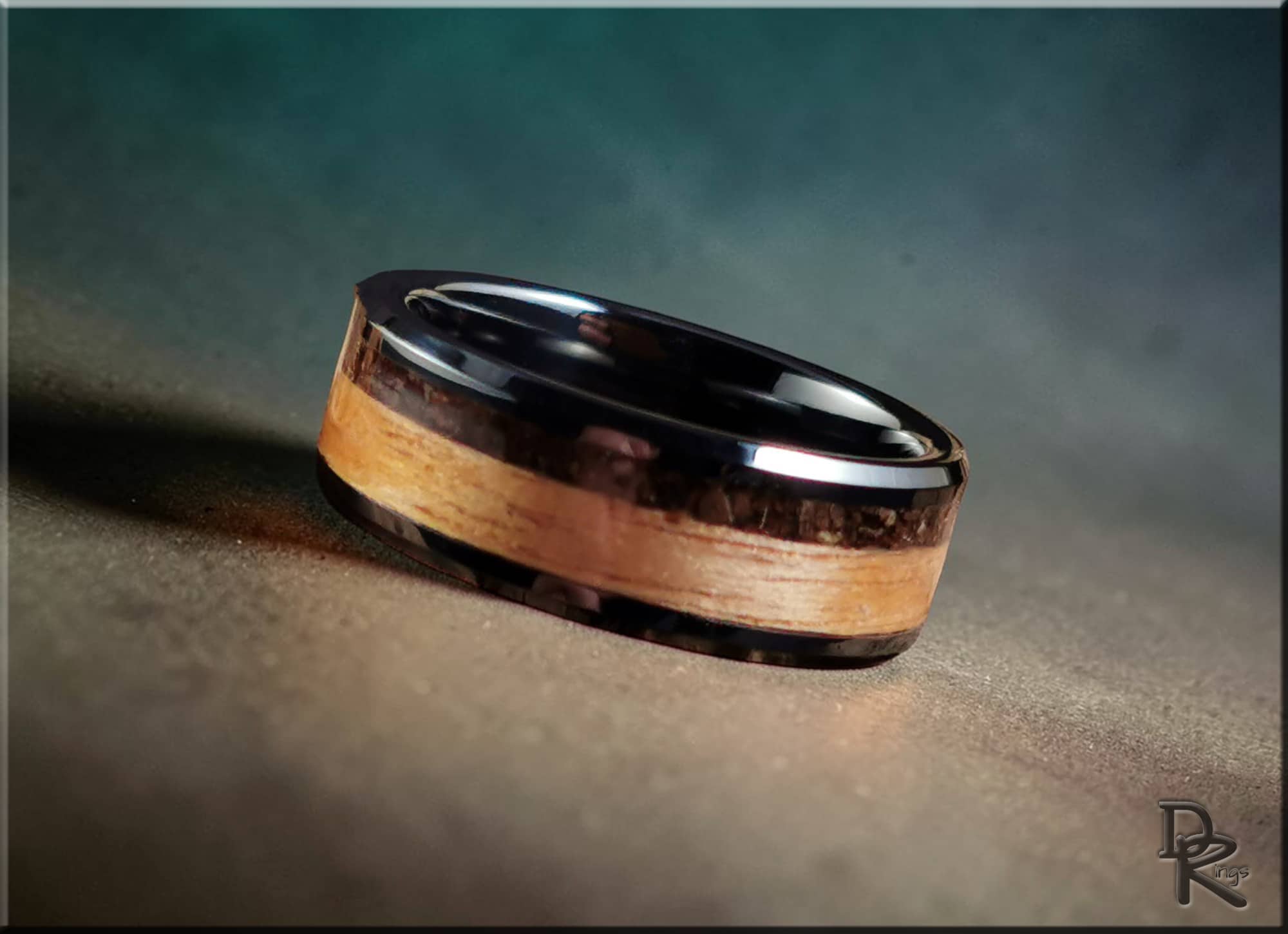 Black Ceramic Ring with Rustic Chestnut and Velociraptor Dinosaur bone inlays