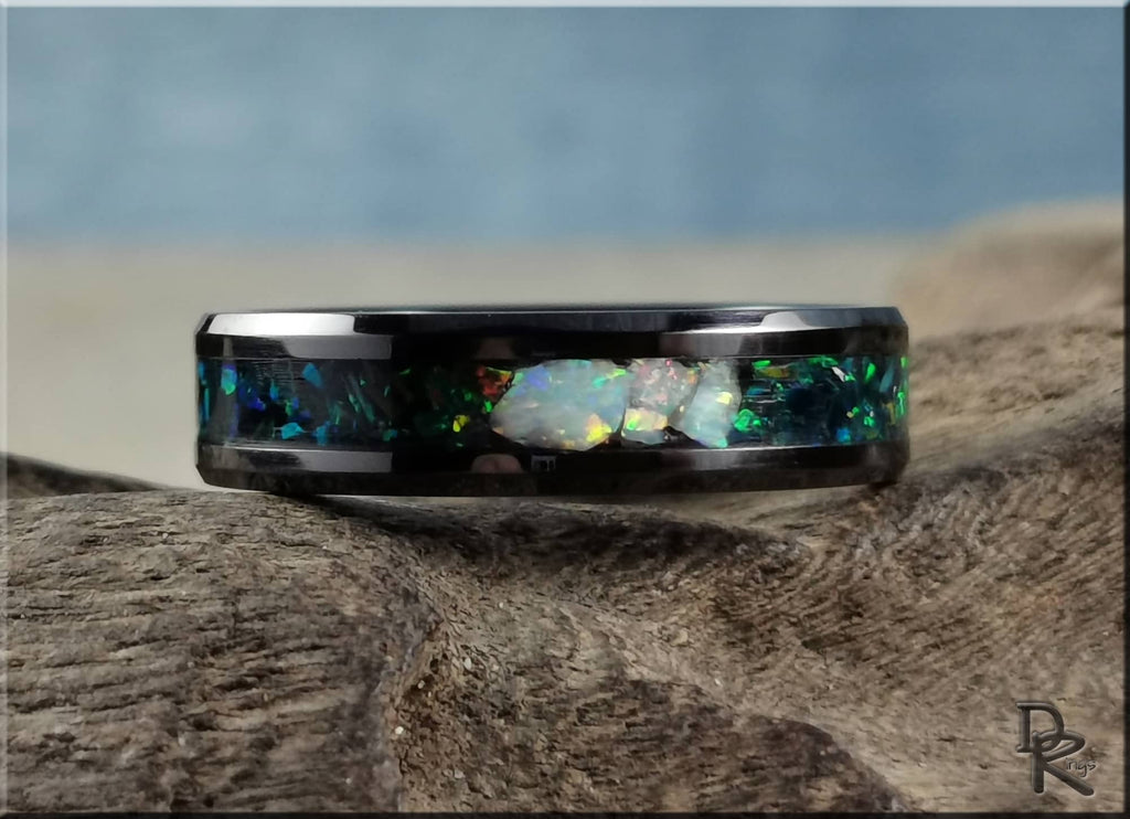 Black Ceramic Ring with Opal Inlay