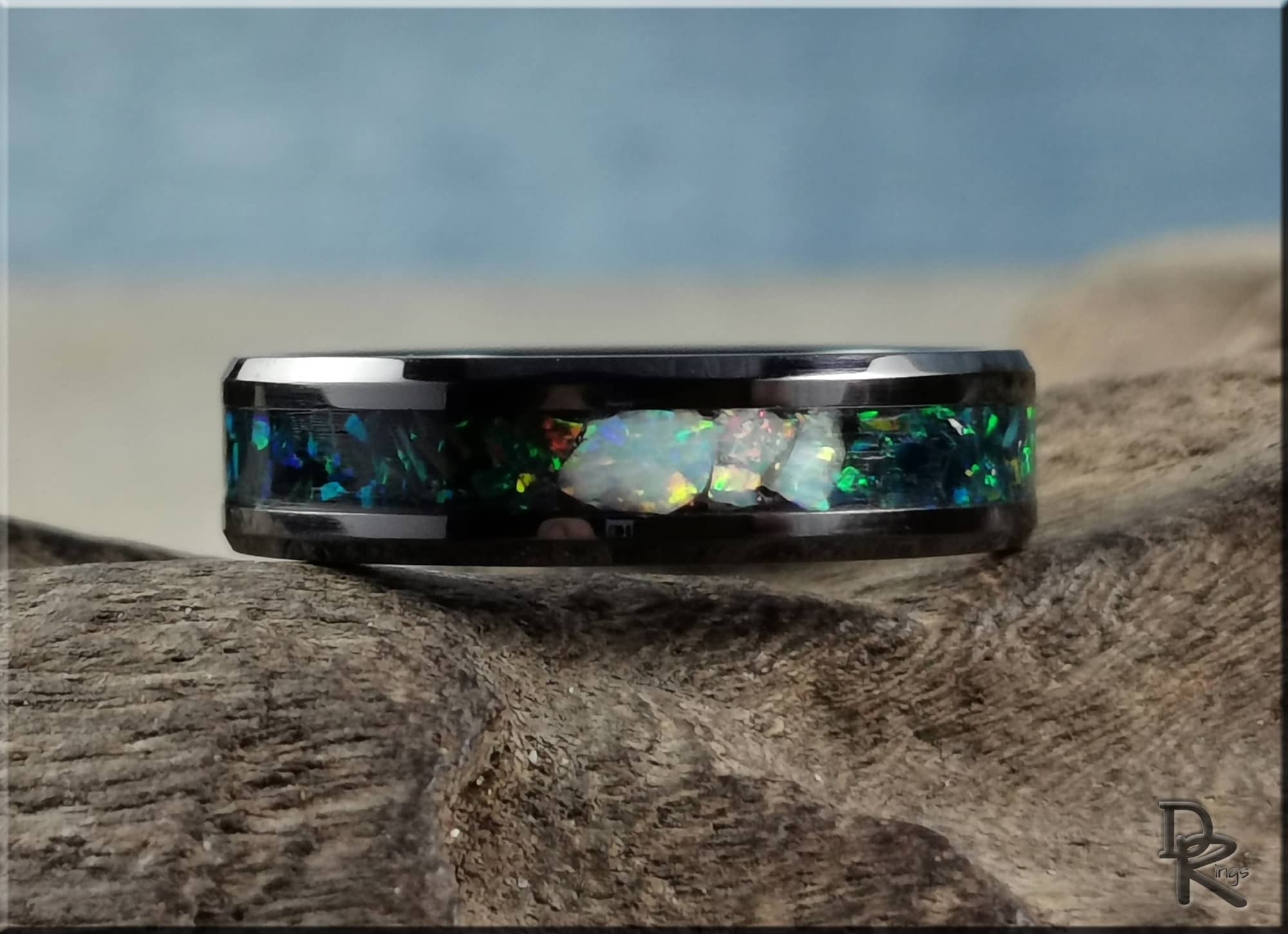 Black Ceramic Ring with Opal Inlay