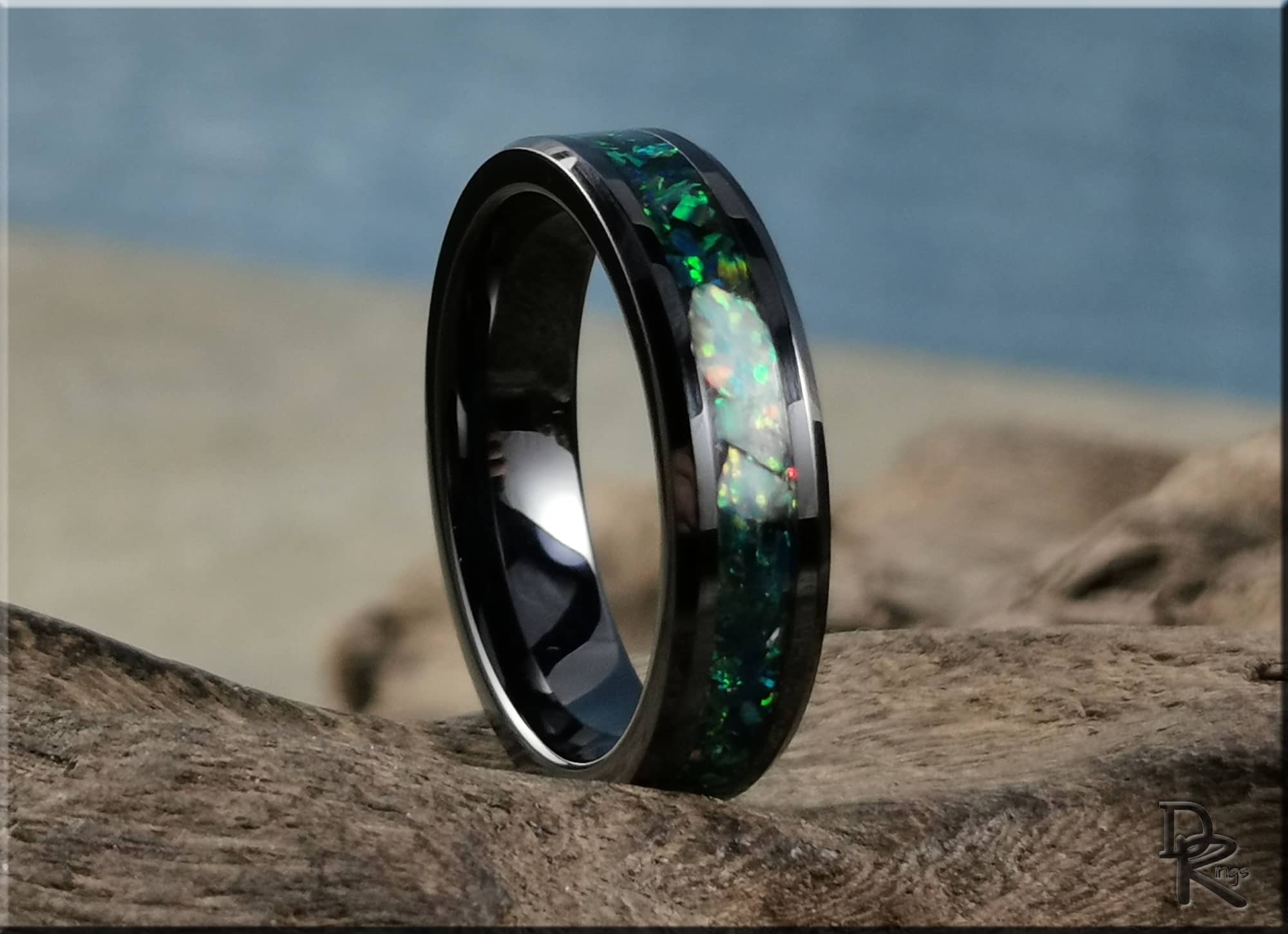 Black Ceramic Ring with Opal Inlay