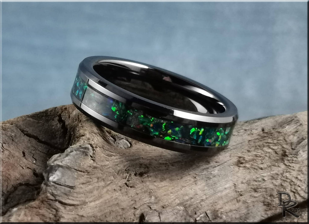 Black Ceramic Ring with Opal Inlay