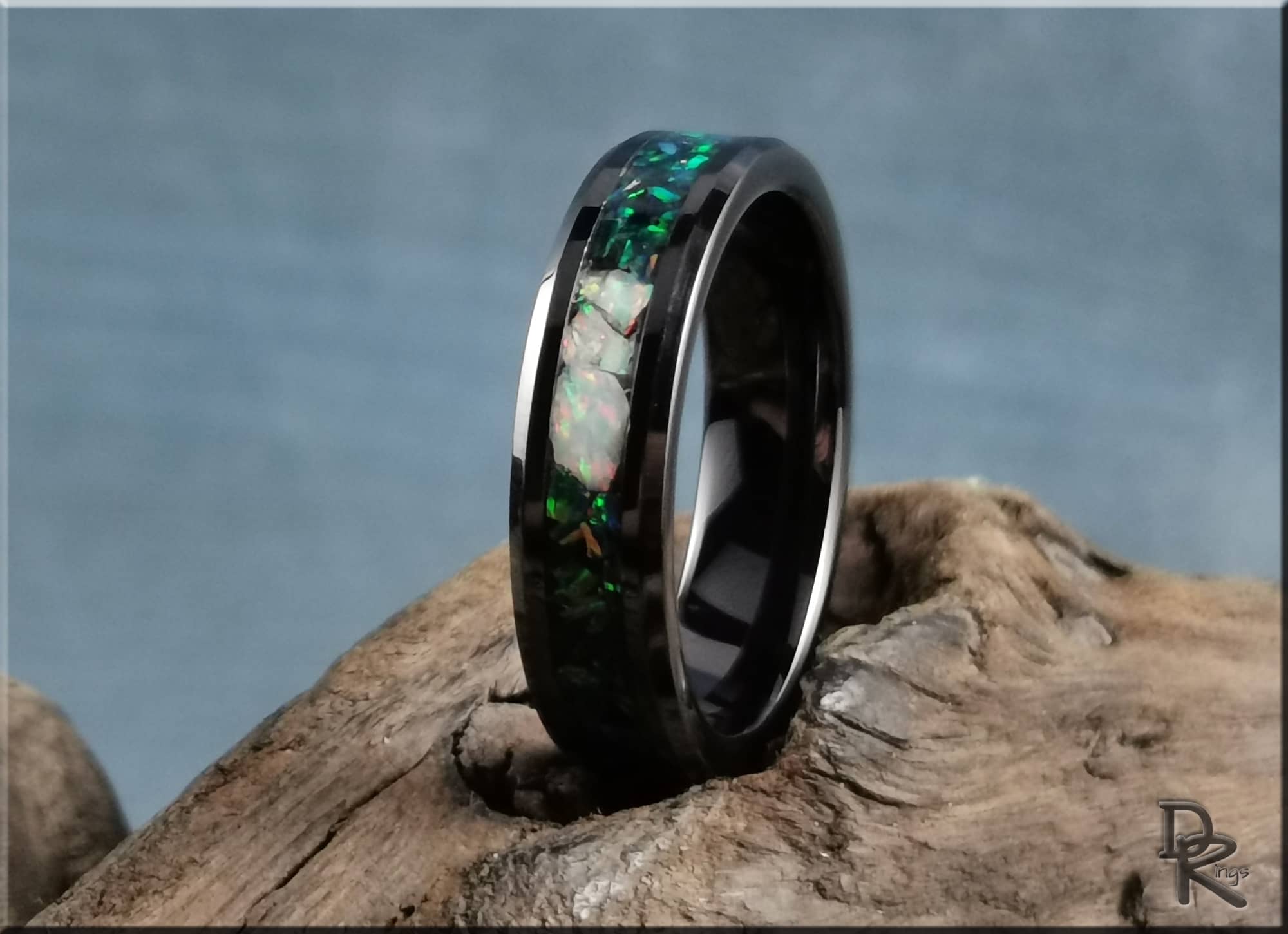 Black Ceramic Ring with Opal Inlay