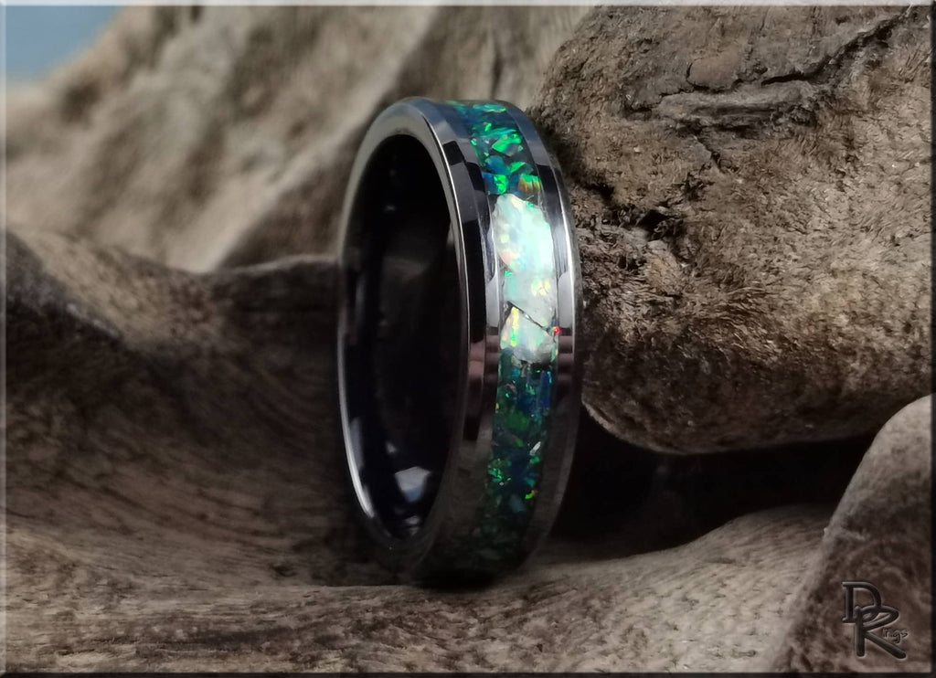 Black Ceramic Ring with Opal Inlay