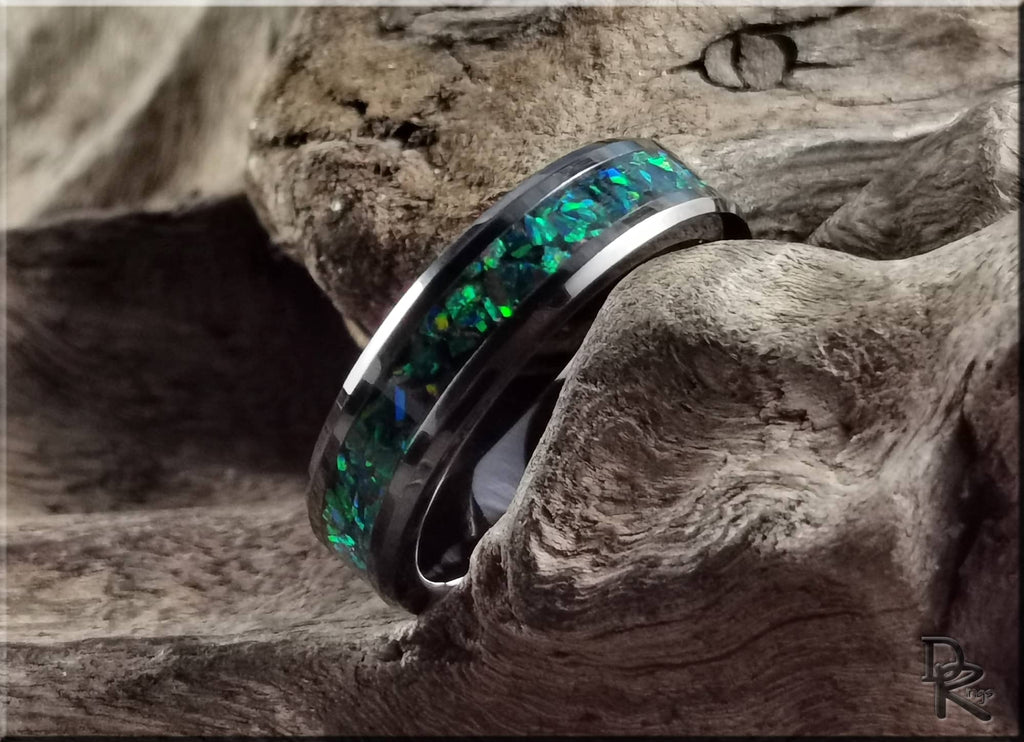 Black Ceramic Ring with Opal Inlay