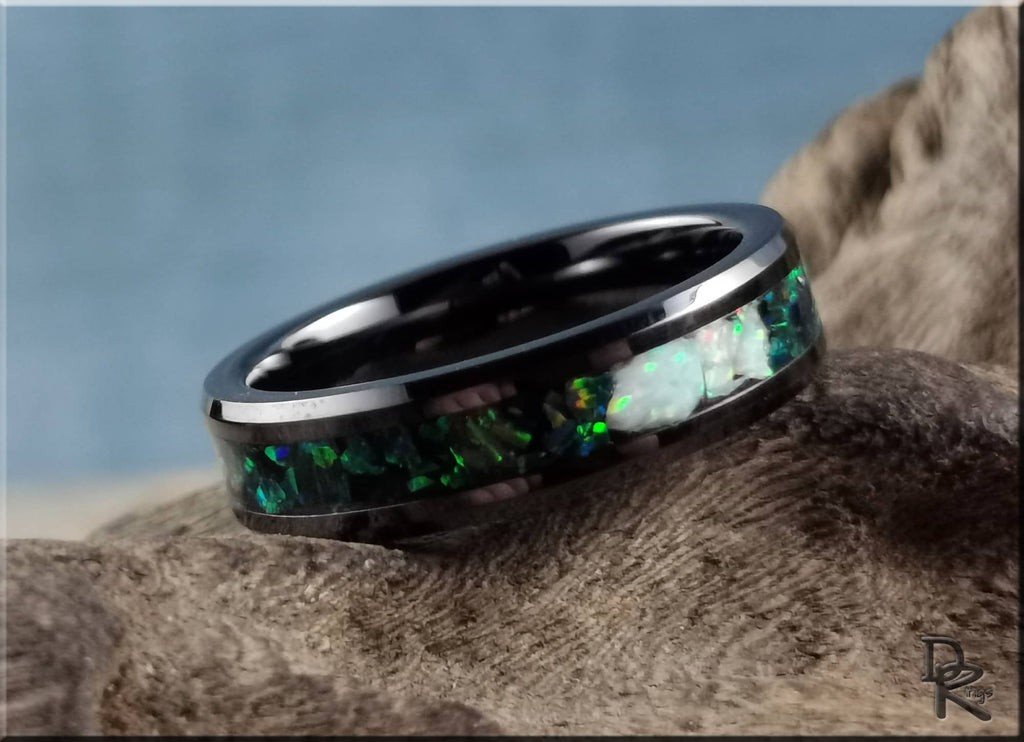 Black Ceramic Ring with Opal Inlay