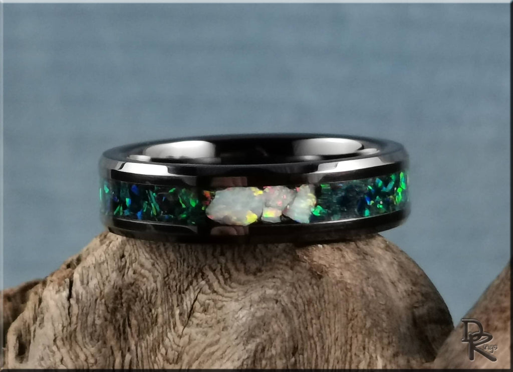 Black Ceramic Ring with Opal Inlay