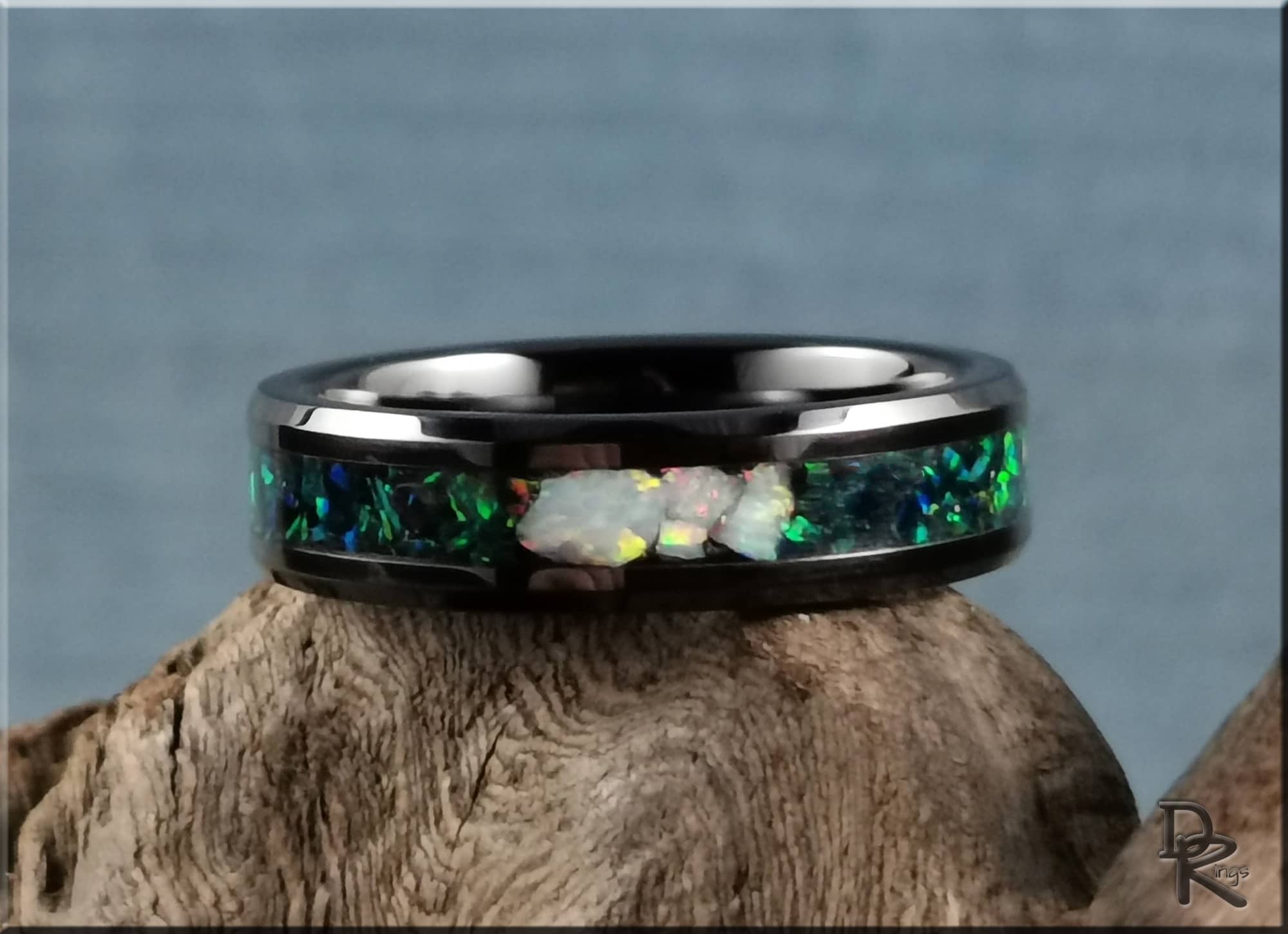 Black Ceramic Ring with Opal Inlay