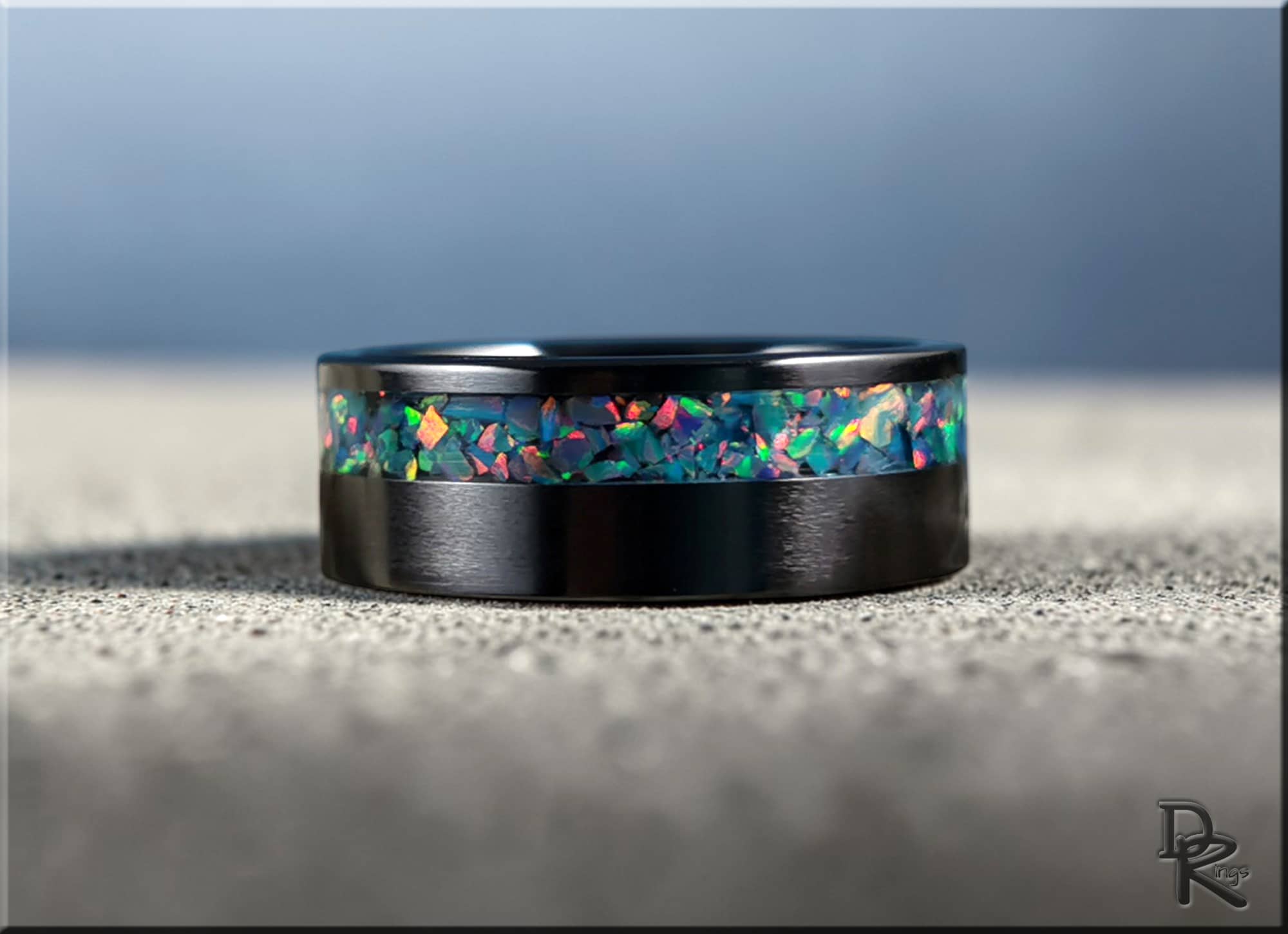 Black Ceramic Ring with Opal Inlay
