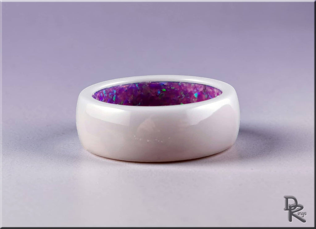 White Ceramic Ring with Inner Opal Inlay
