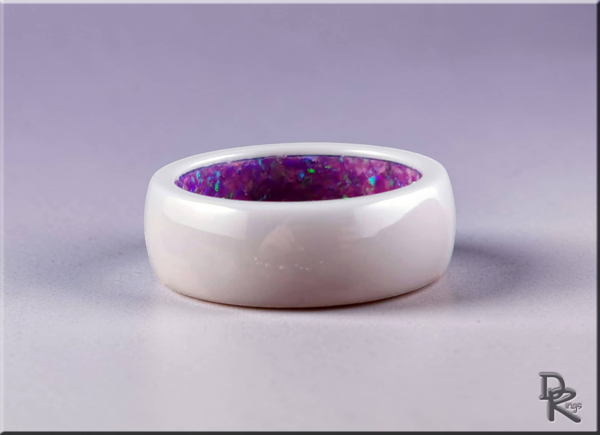 White Ceramic Ring with Inner Opal Inlay