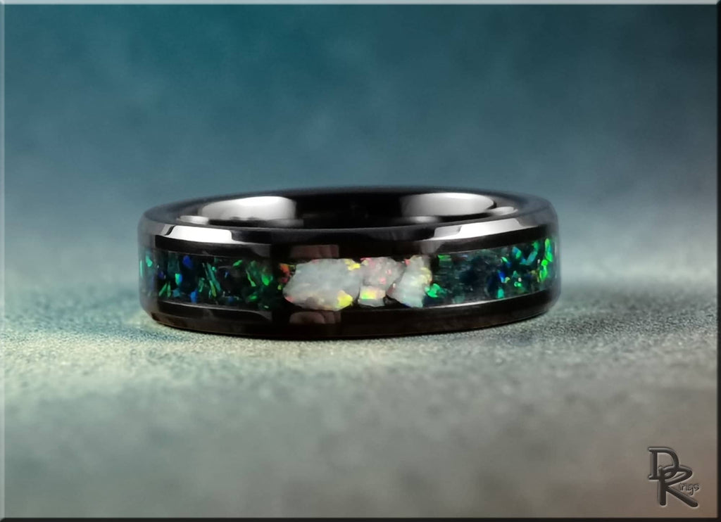 Black Ceramic Ring with Opal Inlay