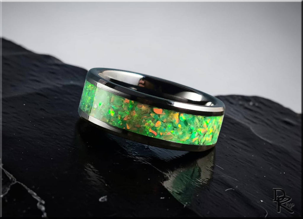 Black Ceramic Ring with Opal and Glow Inlay
