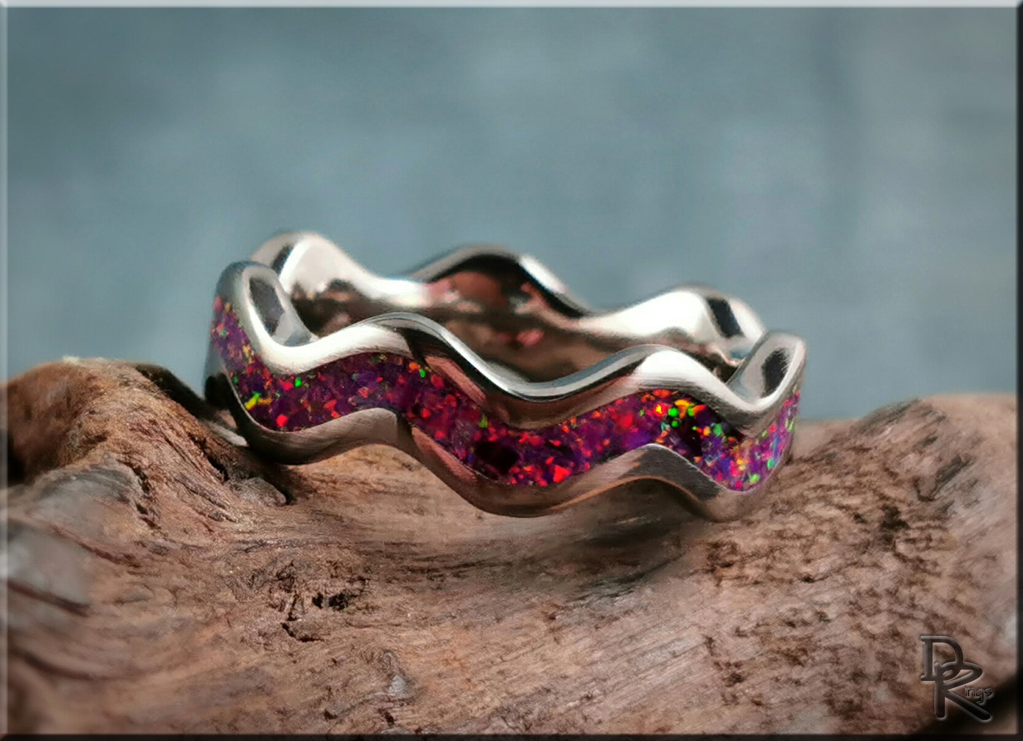 Titanium Clamshell Ring with Opal Inlay