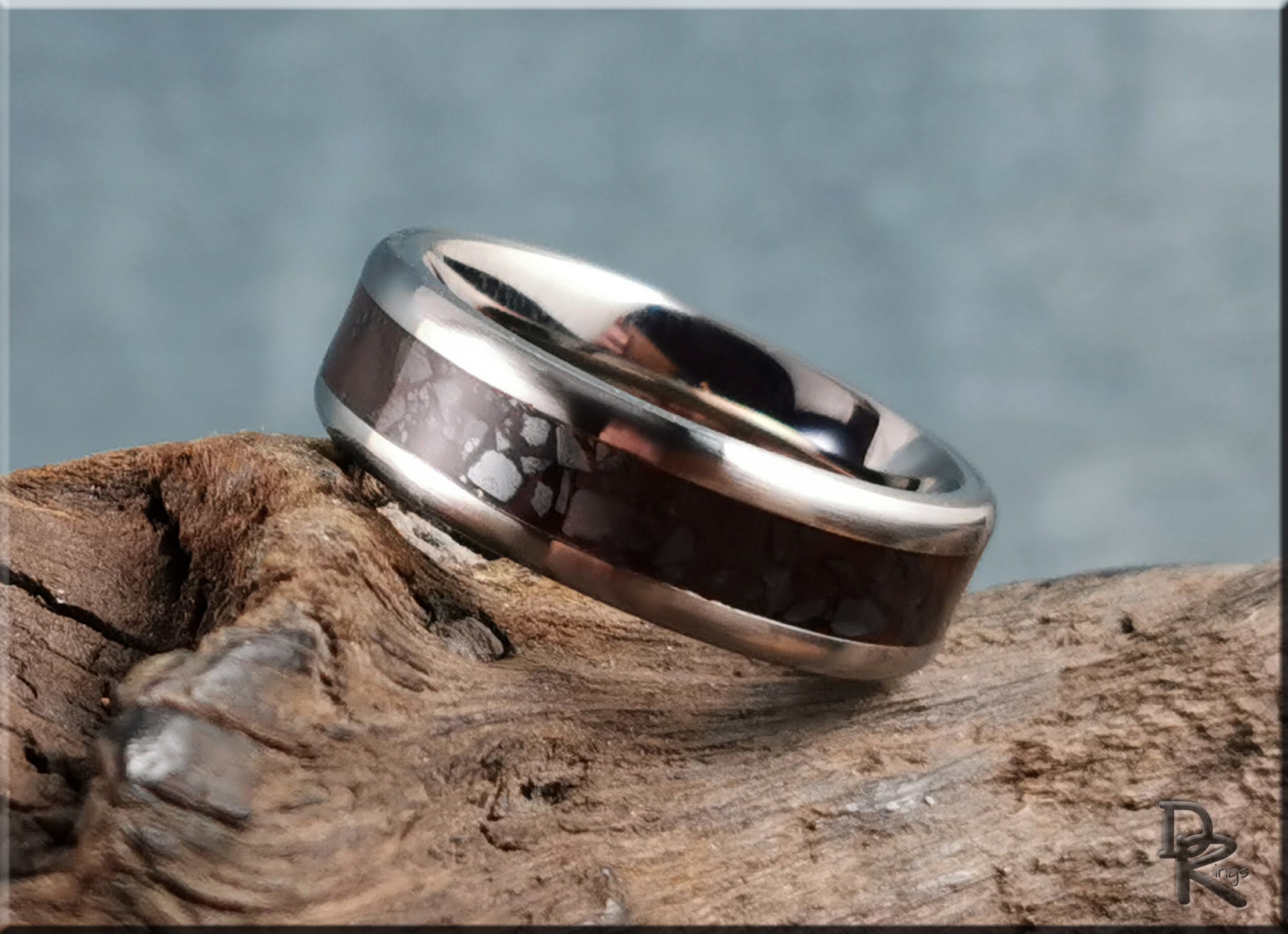 DR Rings titanium smart ring with sleek metallic design resting on rustic wood