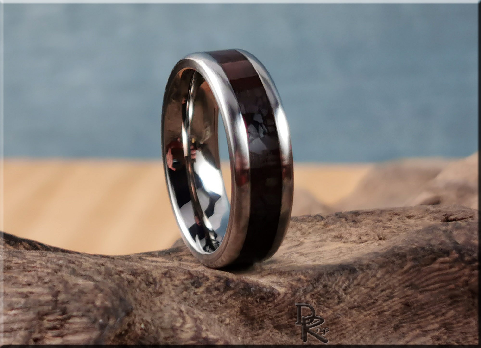 DR Rings titanium smart ring with black inlay and polished silver finish displayed on textured wood