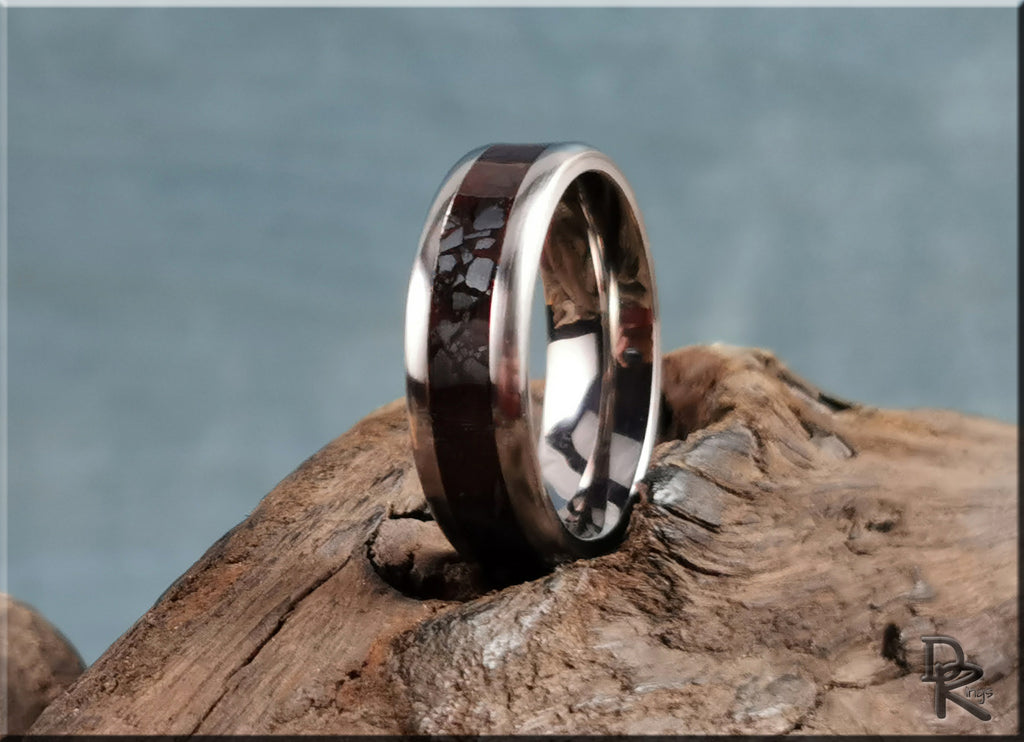 DR Rings titanium smart ring with sleek polished finish and dark inlay on rustic wood background