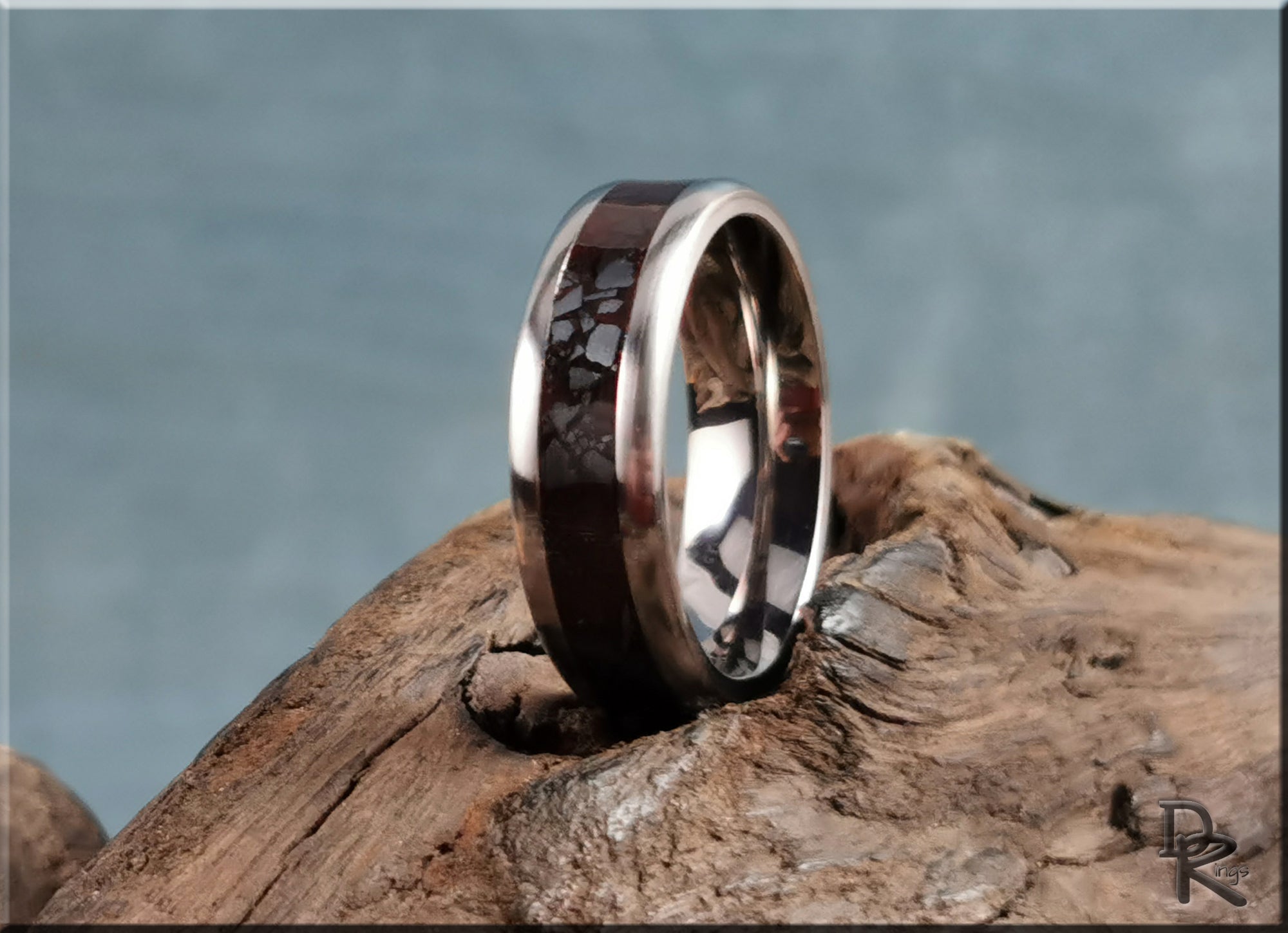 DR Rings titanium smart ring with sleek polished finish and dark inlay on rustic wood background