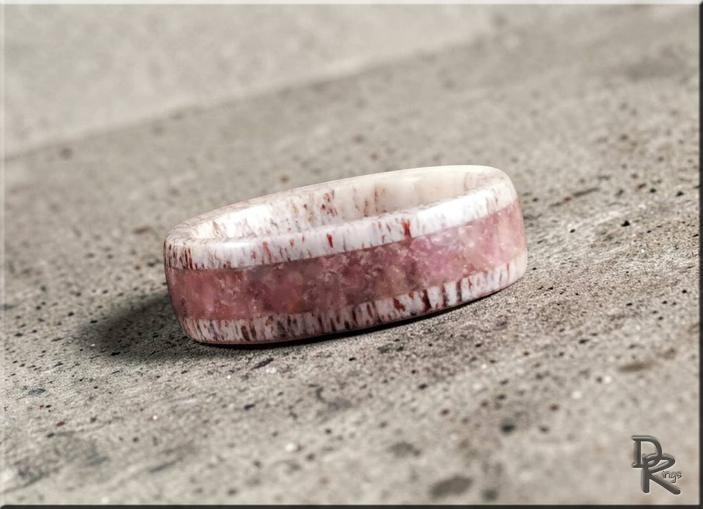 DR Rings deer antler ring with tourmaline featuring natural pink tourmaline inlay and rustic antler texture