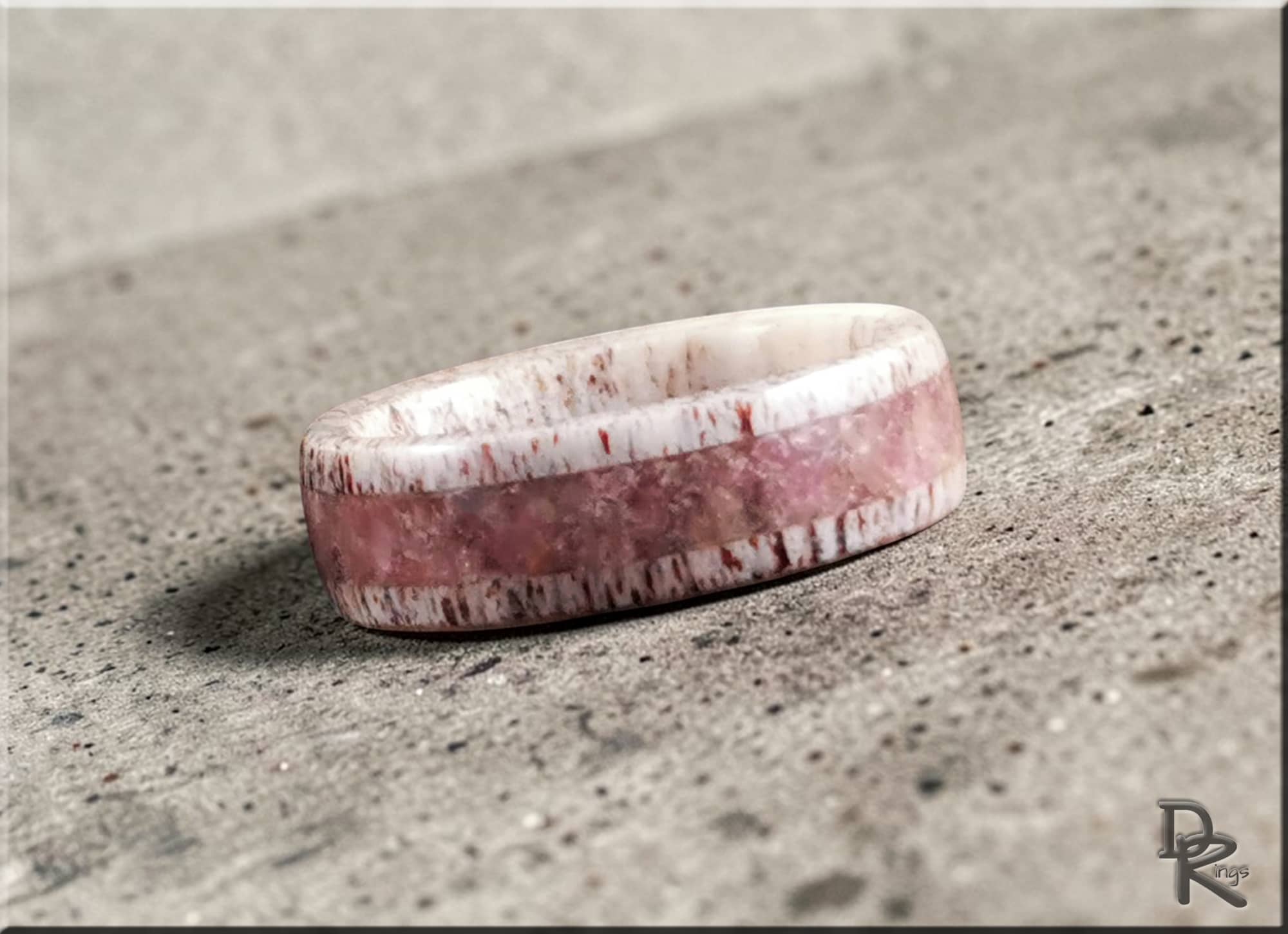 DR Rings deer antler ring with tourmaline featuring natural pink tourmaline inlay and rustic antler texture