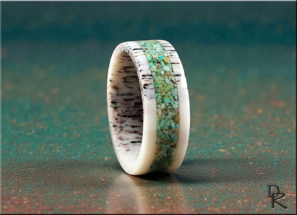 Deer antler ring with turquoise inlay by DR Rings featuring natural texture and green-blue stones
