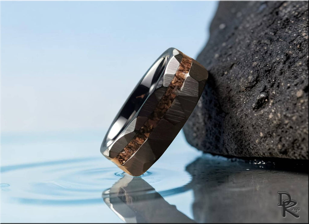 Hammered Black Ceramic Ring with Dinosaur Bone Inlay
