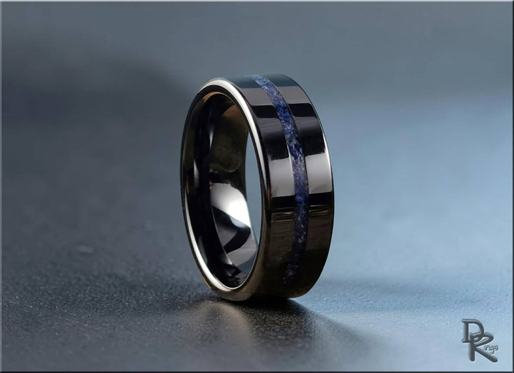 DR Rings black ceramic ring with a blue inlay and polished finish on dark surface