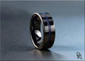 DR Rings black ceramic ring with a blue inlay and polished finish on dark surface