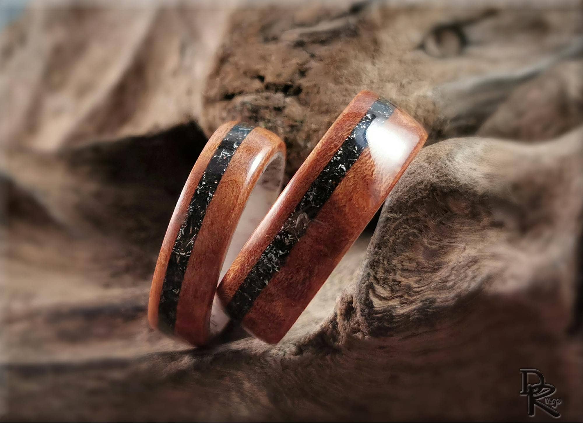 DR Rings bentwood ring set featuring natural wood and a black meteorite ring inlay