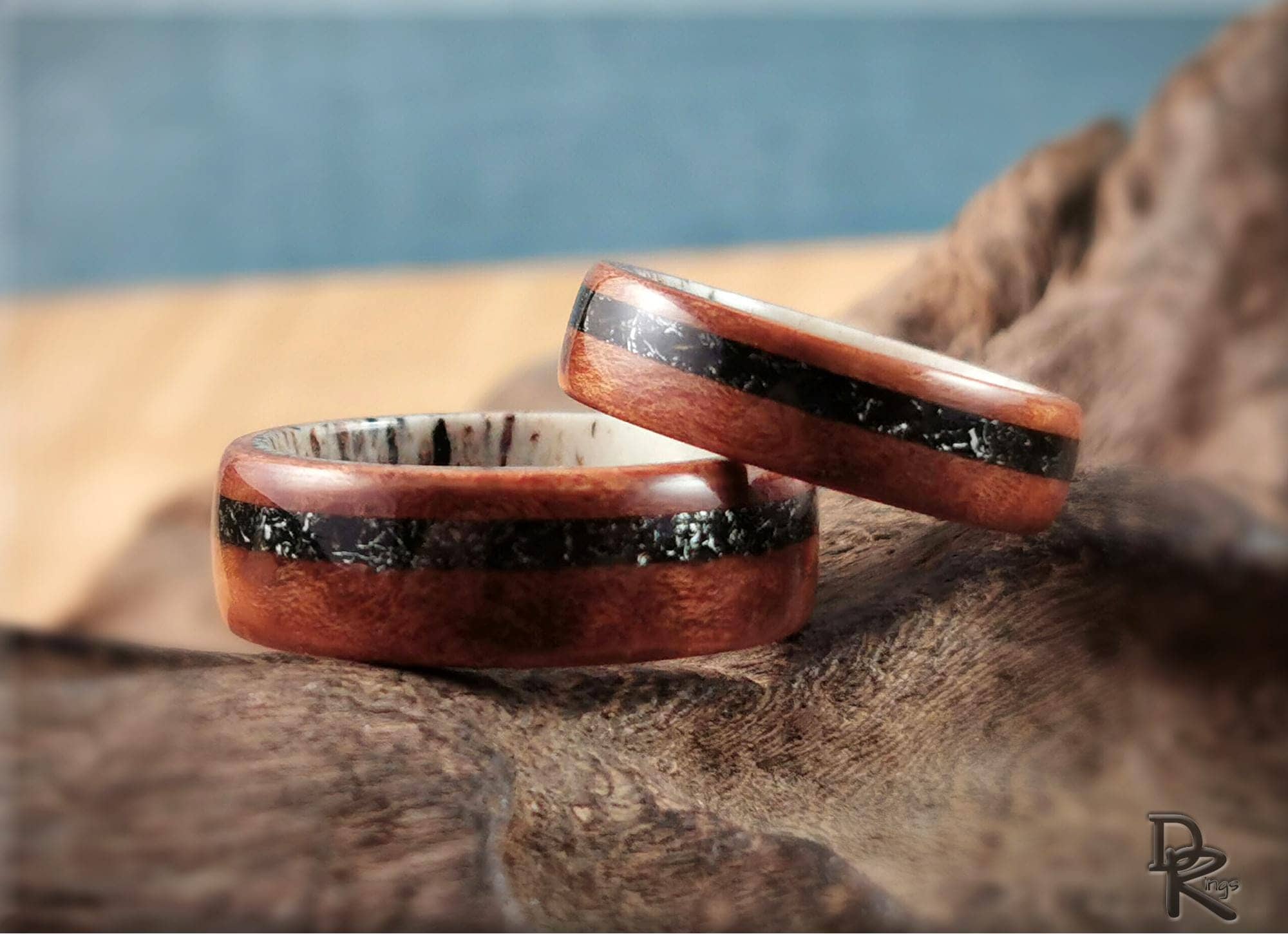DR Rings bentwood meteorite ring with dark meteorite inlay and natural wood grain finish