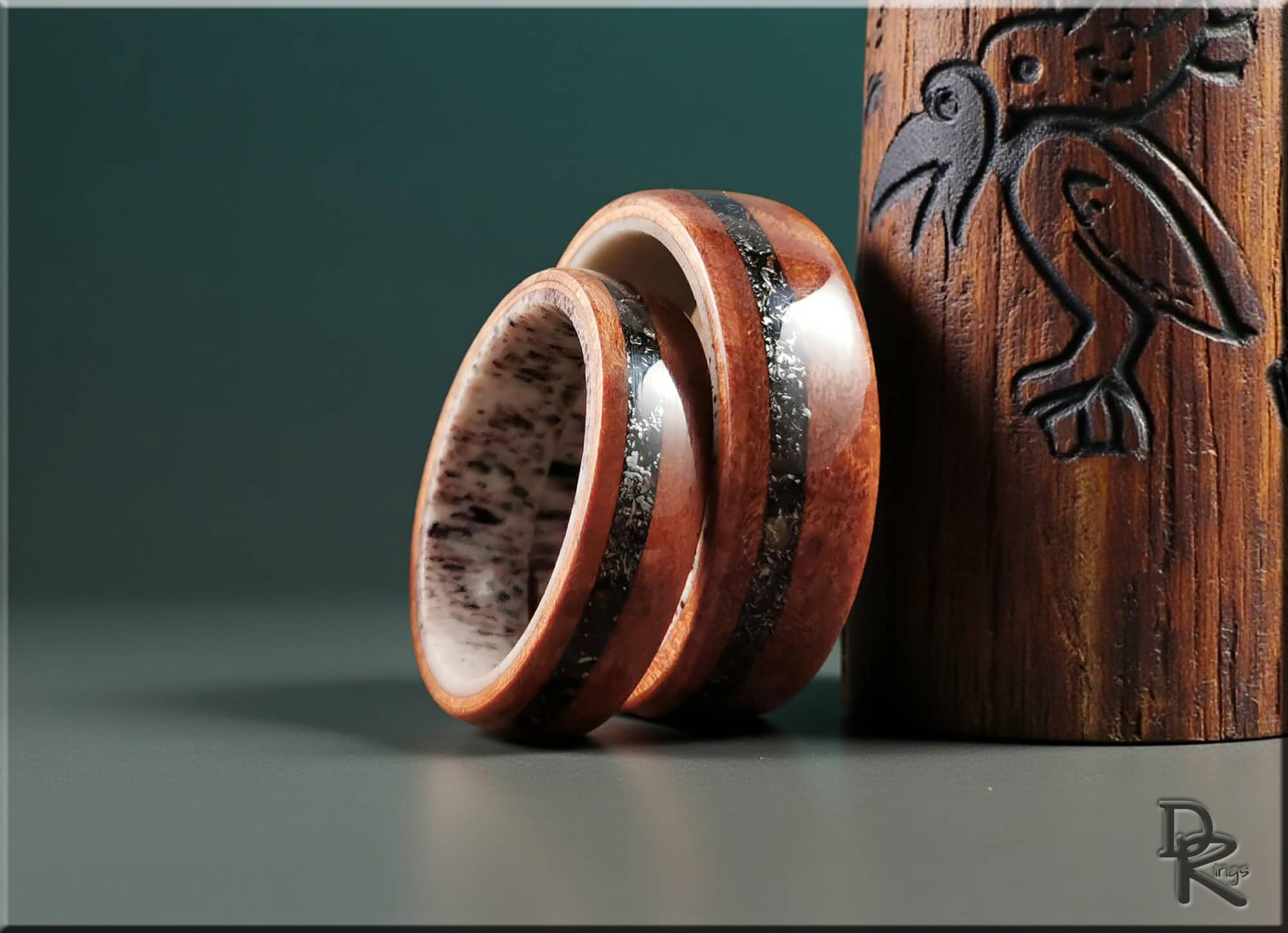 DR Rings bentwood meteorite ring with natural wood grain and metallic inlay detail