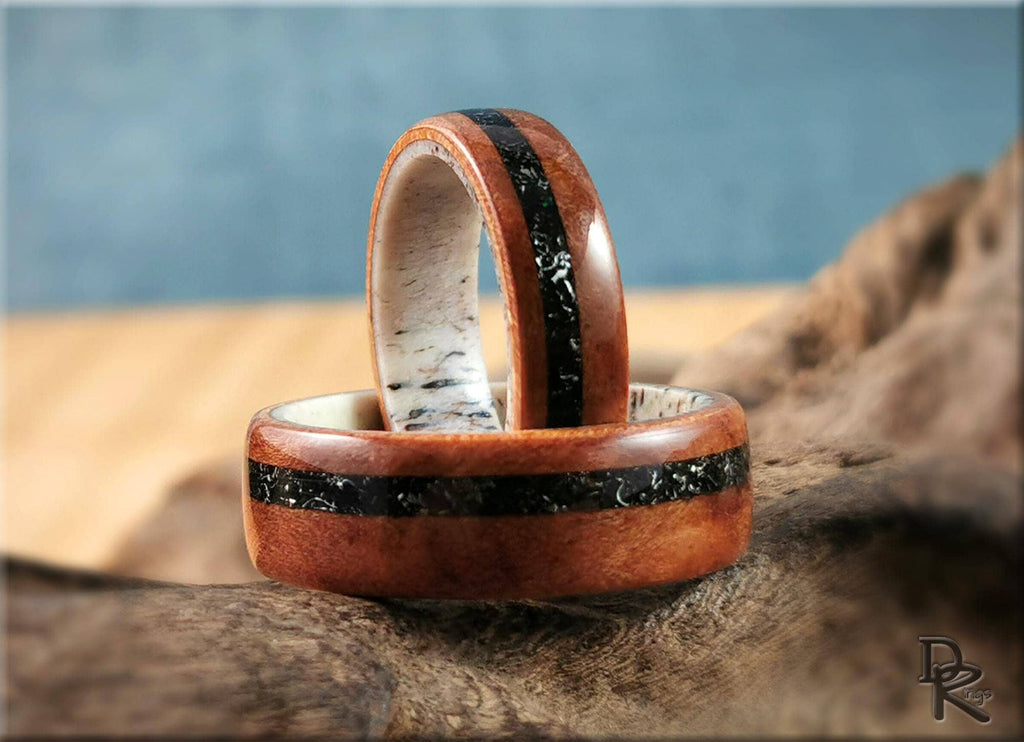 DR Rings bentwood meteorite ring with polished wooden band and black meteorite inlay