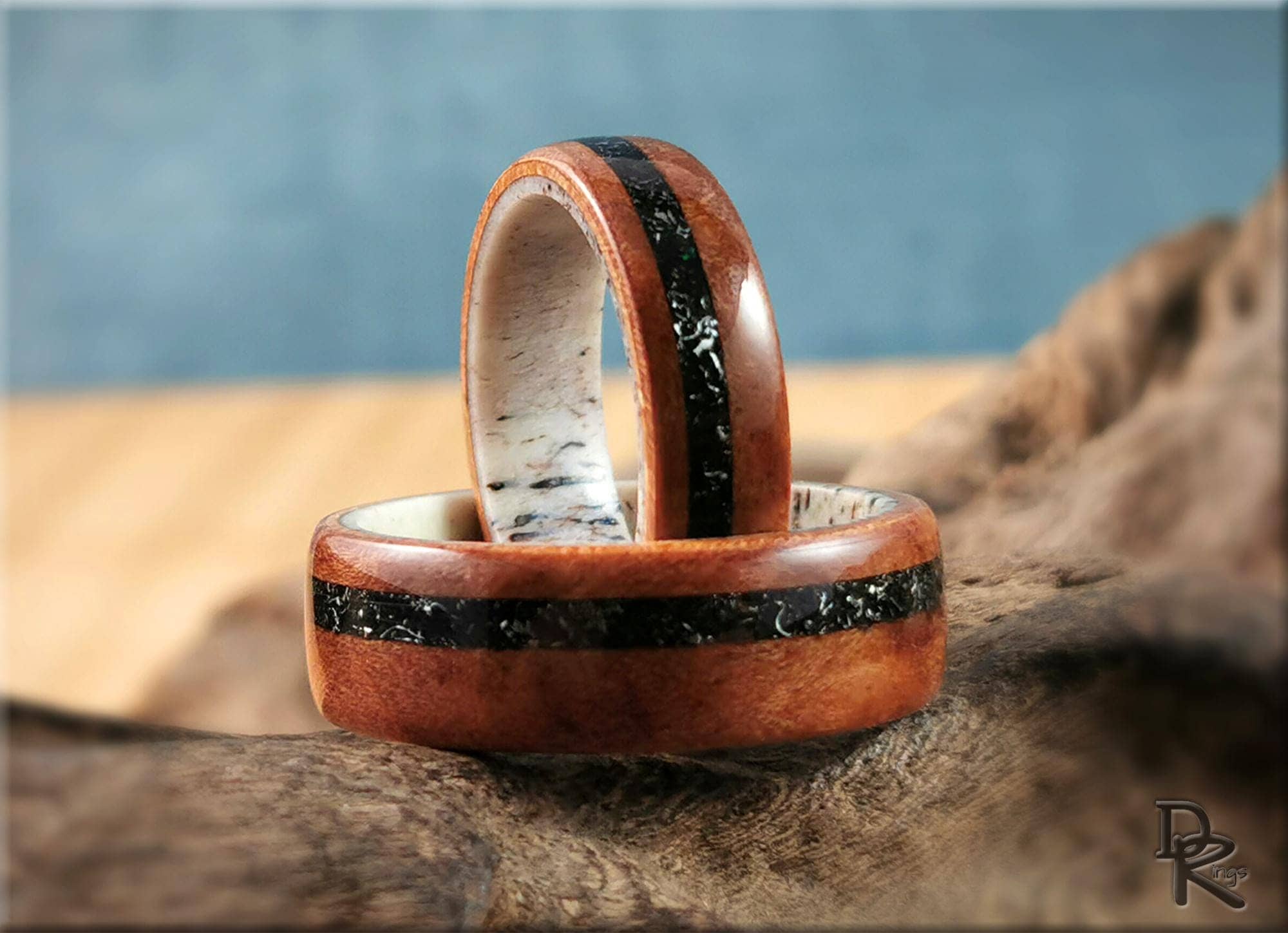 DR Rings bentwood meteorite ring with polished wooden band and black meteorite inlay