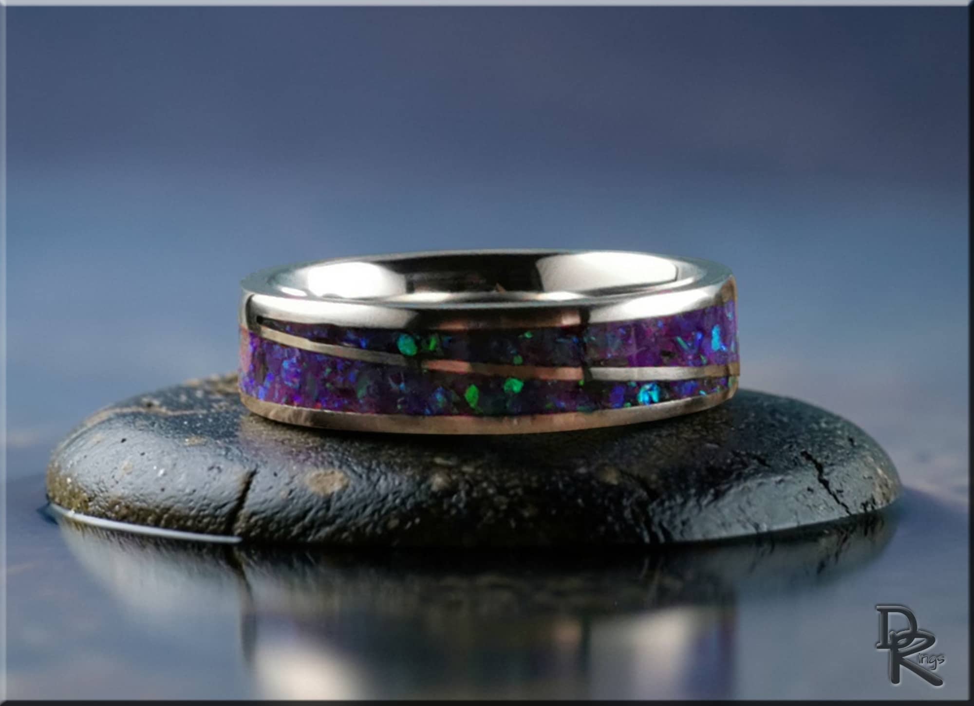 DR Rings titanium ring with opal featuring vibrant purple and blue inlay on polished silver band