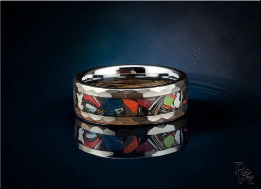 DR Rings tungsten as a ring with colorful crushed stone inlay and polished silver edges