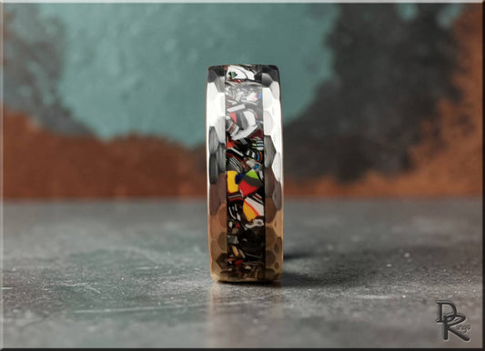 DR Rings tungsten as a ring with hammered silver edges and colorful mosaic inlay design
