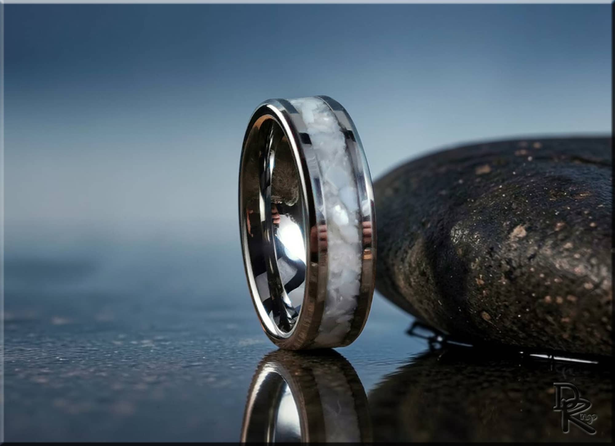 DR Rings tungsten ring with pearl inlay featuring a polished silver band and white pearl accents