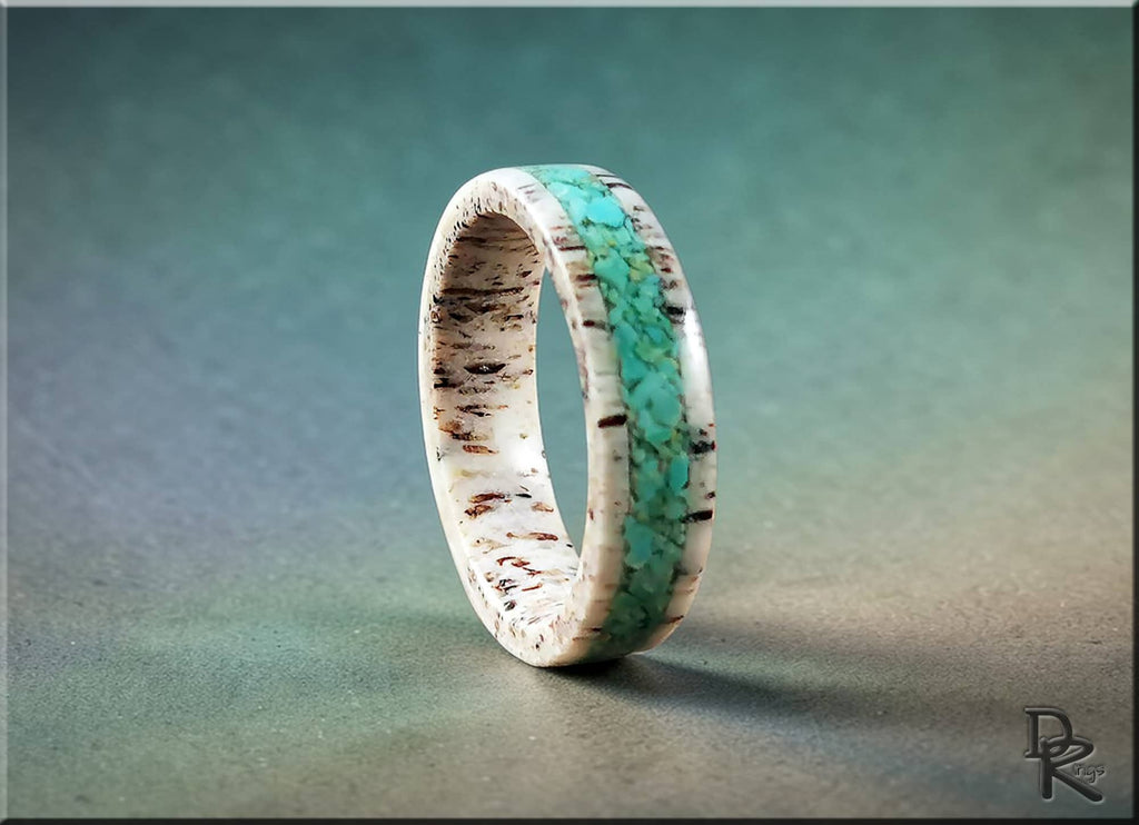 DR Rings handcrafted antler ring with turquoise inlay showcasing natural textures and vibrant colors