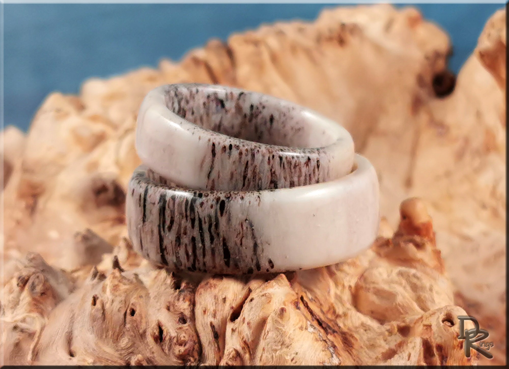 DR Rings stylish deer antler ring set with natural textured design on rustic wooden background