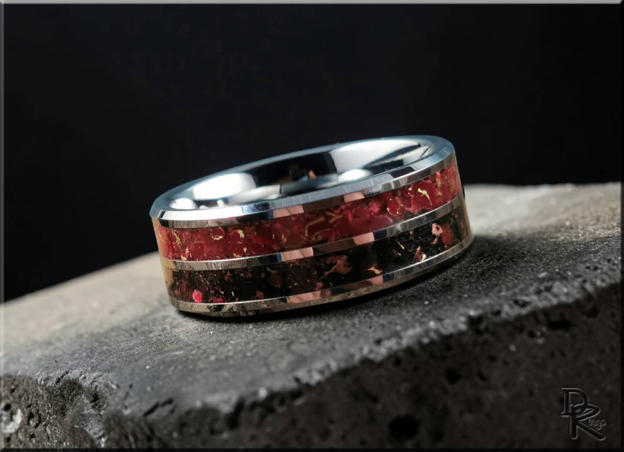 Tungsten carbide ring with inlay featuring red and black stone-like design by DR Rings