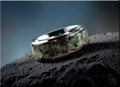 DR Rings tungsten ring with moonstone inlaid band featuring green and white stone details