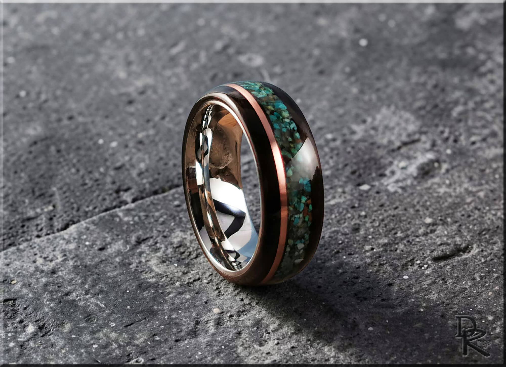 Bentwood Ring: Amara Ebony, Copper and Chrysocolla Inlays, cobalt chrome core