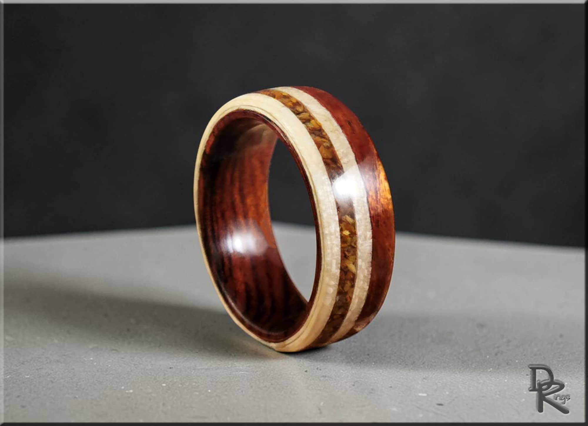 Bentwood Ring: Figured Etimoe and Maple, Tiger's Eye inlay, Ironwood ring core