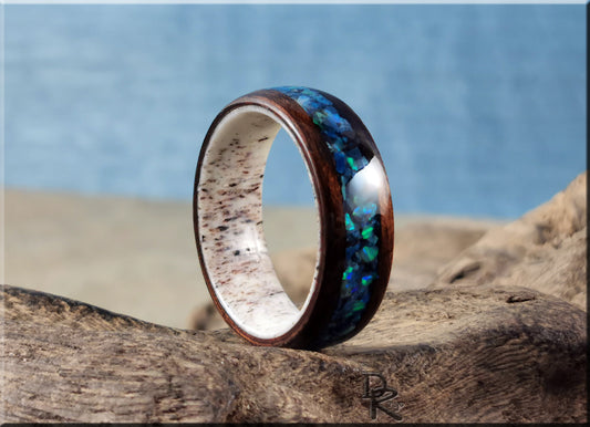 Bentwood Ring - Smoked Etimoe w/Shattuckite and Opal inlay on deer antler ring core - wood ring