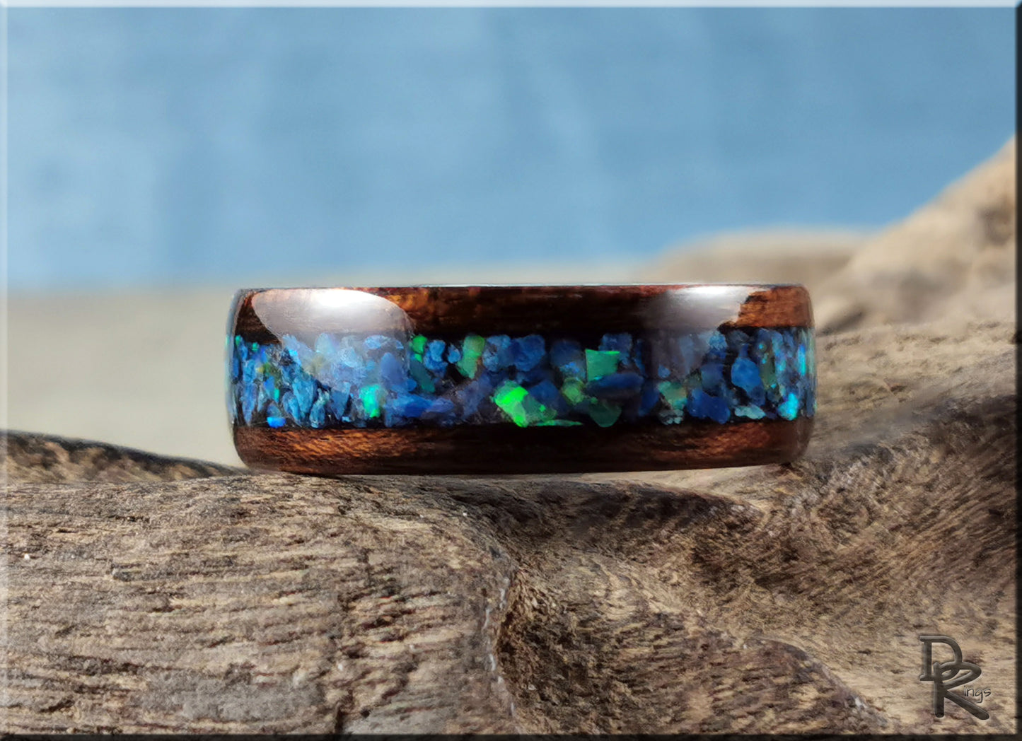 Bentwood Ring - Smoked Etimoe w/Shattuckite and Opal inlay on deer antler ring core - wood ring
