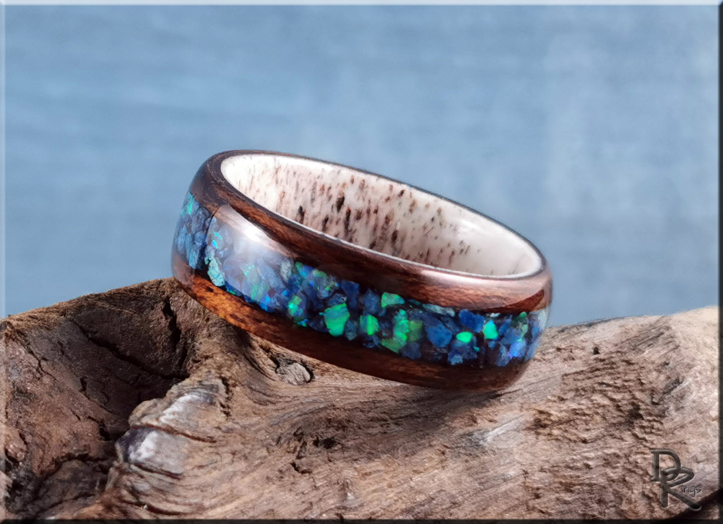 Bentwood Ring - Smoked Etimoe w/Shattuckite and Opal inlay on deer antler ring core - wood ring