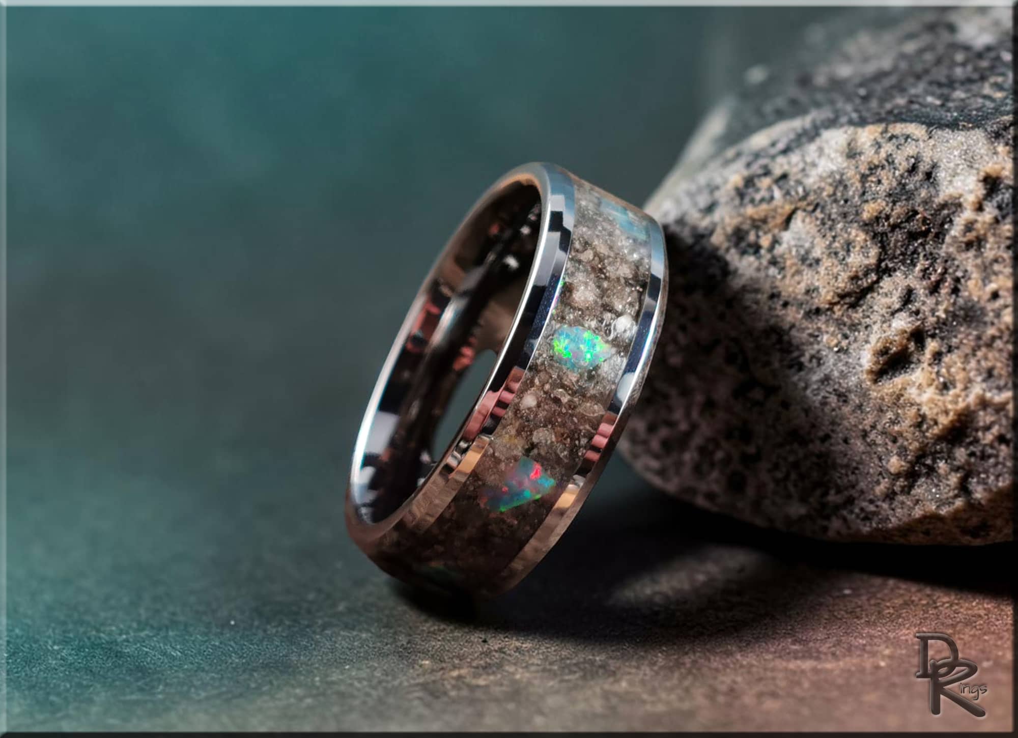 Tungsten Carbide Ring with Fulgerite and Opal Inlay