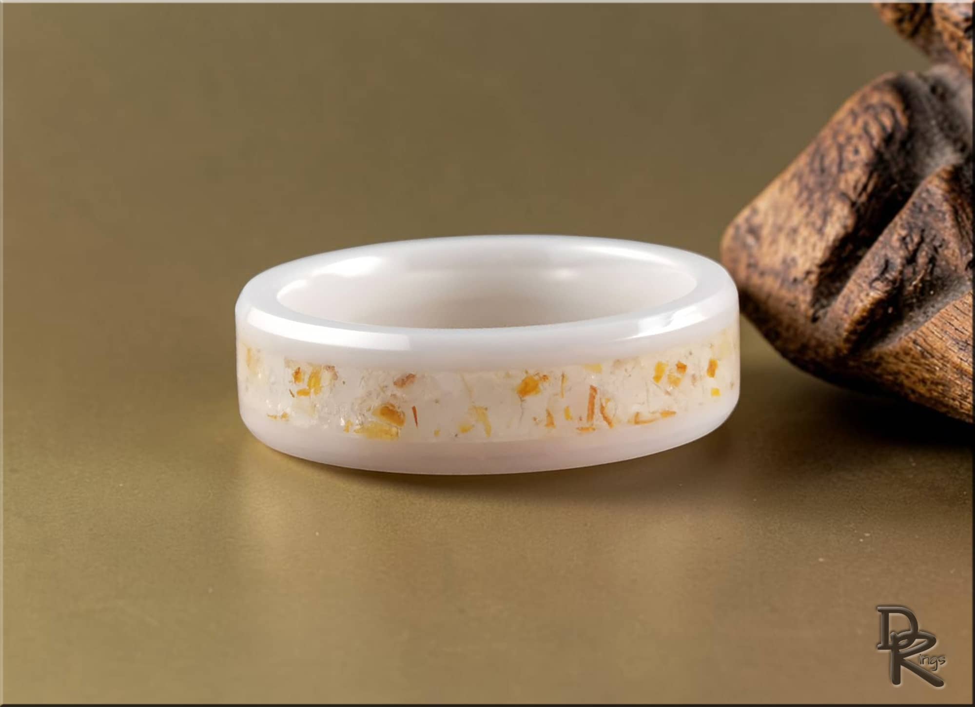White Ceramic Ring with Golden Healer Quartz Inlay