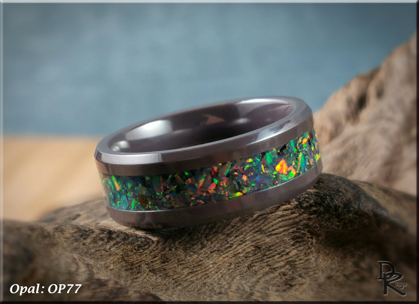 Polished Coloured Ceramic Channel Ring w/Opal inlay - ceramic ring